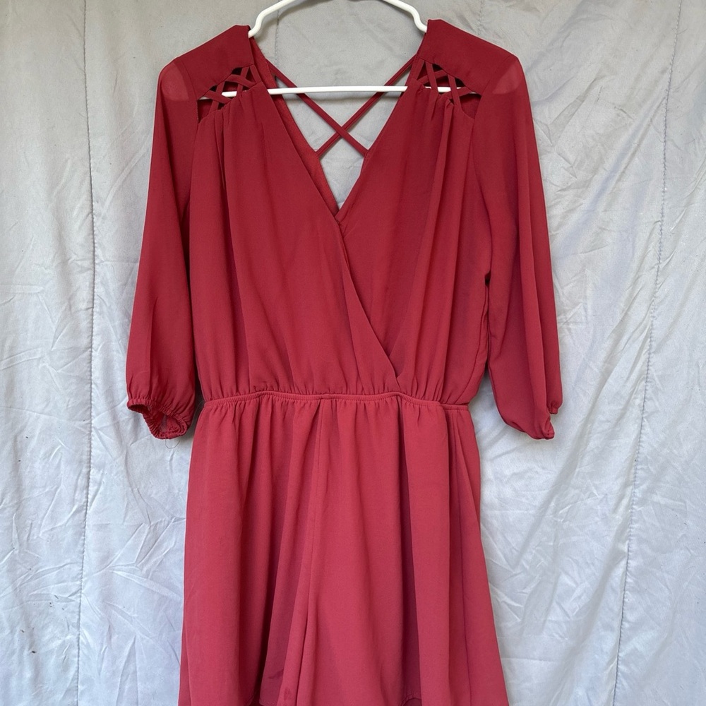 Monteau Red V-Neck Jumpsuit with 3/4 Bishop Sleeves